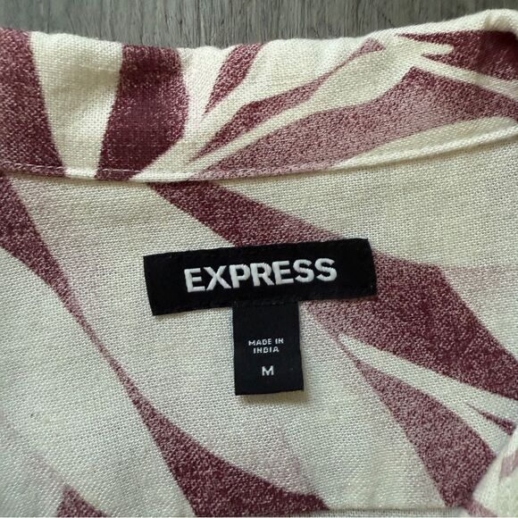 Express Men’s Hawaiian Linen Shirt Medium Wine Tropical White Maroon - Picture 3 of 7